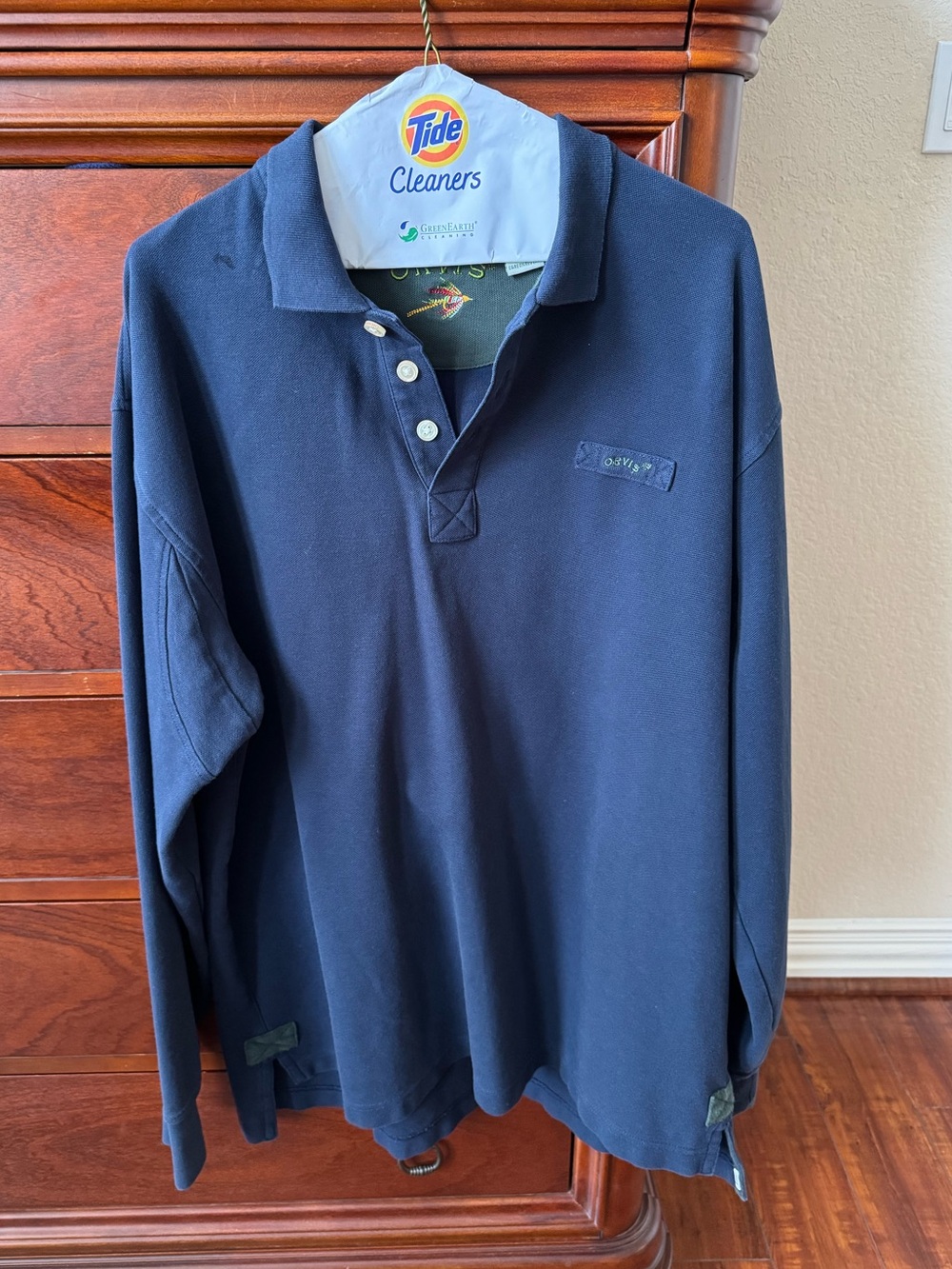 Orvis Navy,  Long Sleeve Polo Shirt. Size LT.